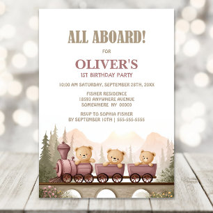 Cute Teddy Bear Train 1st Birthday Party Invitation