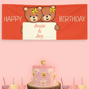 Cute Teddy Bear Twins or Siblings Birthday Party Banner