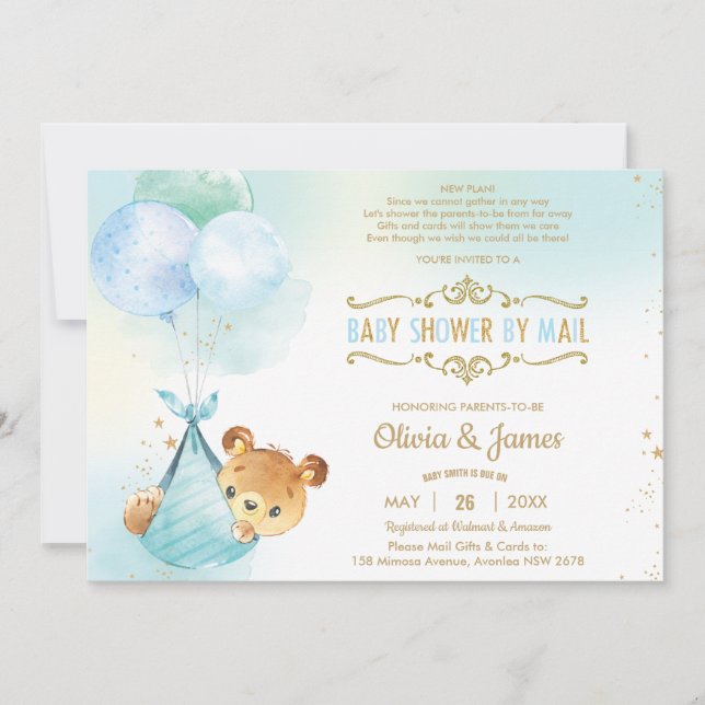 Cute Teddy Bear Virtual Baby Shower by Mail Boy Invitation (Front)