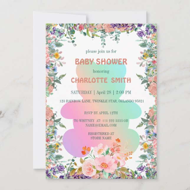 Cute teddy Bear watercolor gradient baby shower  Invitation (Front)