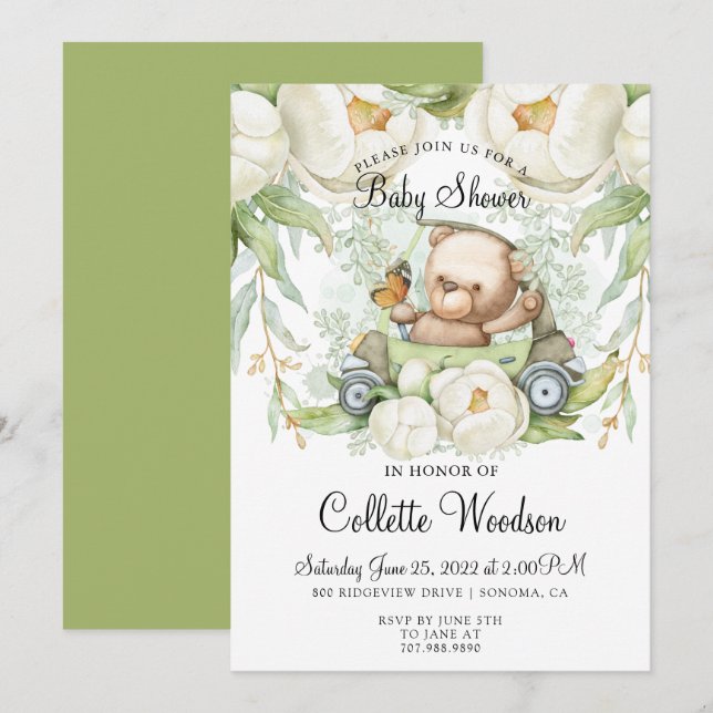 Cute Teddy Bear Watercolor Green Baby Shower Invitation (Front/Back)