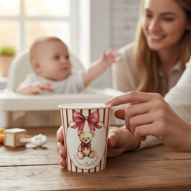 Cute Teddy Bear "We Can Bearly Wait" Baby Shower Paper Cups (Creator Uploaded)