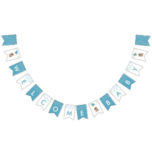 Cute Teddy Bear Welcome Baby Boy Blue Gold Shower Bunting Flags