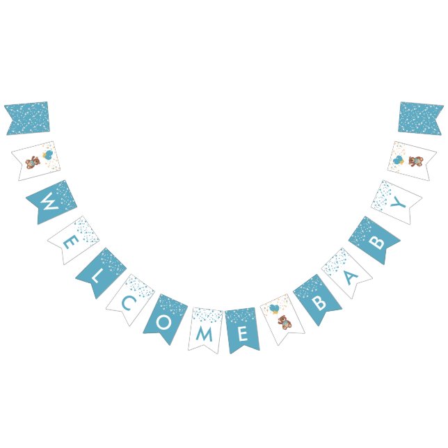 Cute Teddy Bear Welcome Baby Boy Blue Gold Shower Bunting Flags (All)