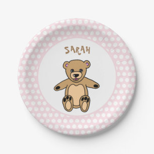 Cute Teddy Bear White Dots on Pink Birthday Paper Plate
