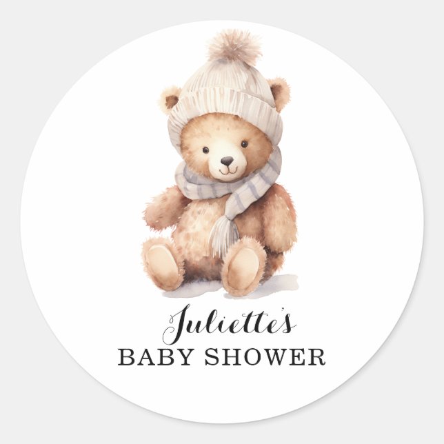Cute Teddy Bear Winter Baby Shower Classic Round Sticker (Front)