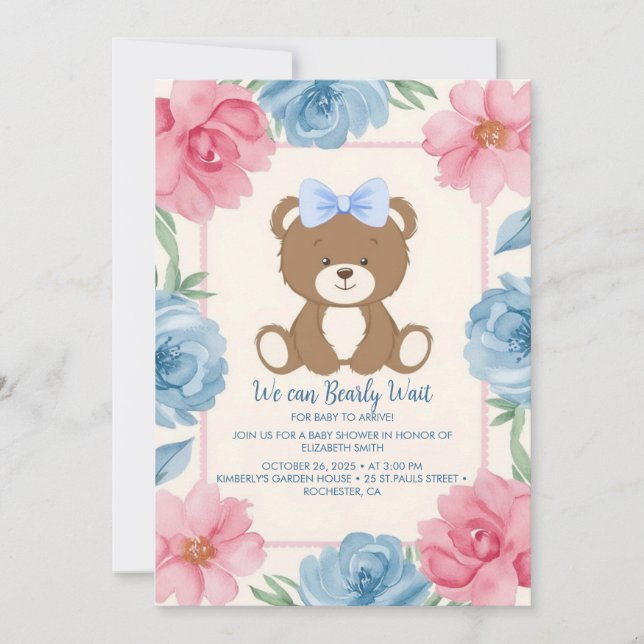 Cute teddy bear with a blue bow in roses invitation (Front)