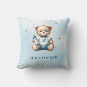 Cute teddy bear with baby bottle throw pillow