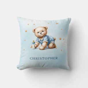 Cute teddy bear with baby bottle throw pillow