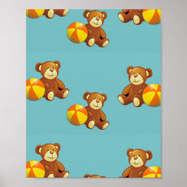 Cute teddy bear with ball on blue poster (Front)