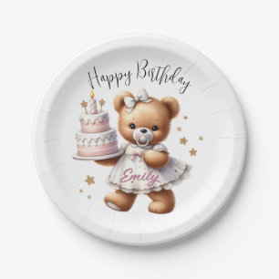 Cute Teddy Bear with Balloons and Gifts Paper Plate