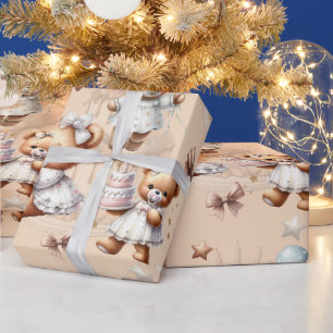 Cute Teddy Bear with Balloons and Gifts Wrapping Paper