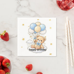 "Cute Teddy Bear with Balloons Boy Birthday Napkin