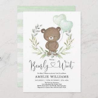 Cute Teddy Bear With Balloons Neutral Baby Shower Invitation