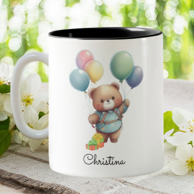 Cute Teddy Bear with Balloons Personalized Two-Tone Coffee Mug (Creator Uploaded)