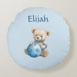 Cute Teddy Bear with Blue Ball Round Pillow