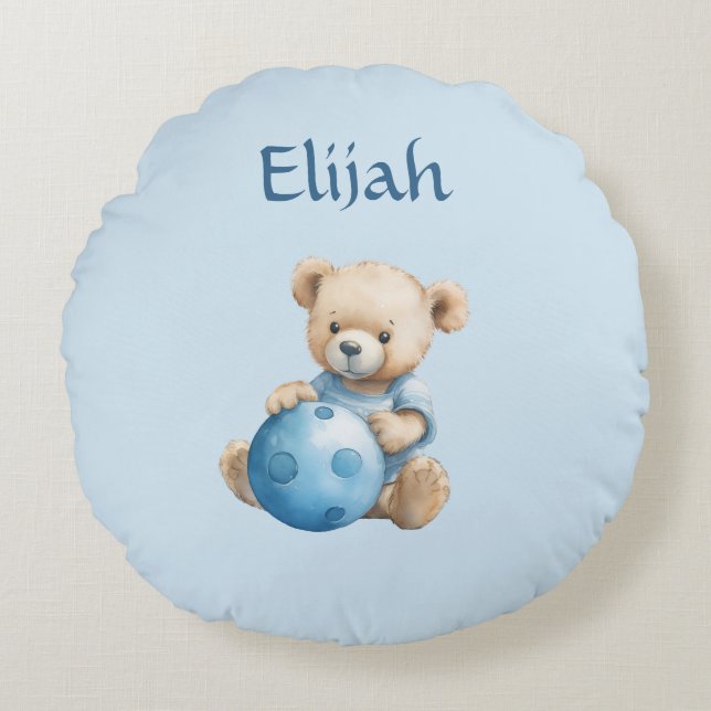 Cute Teddy Bear with Blue Ball Round Pillow (Front)