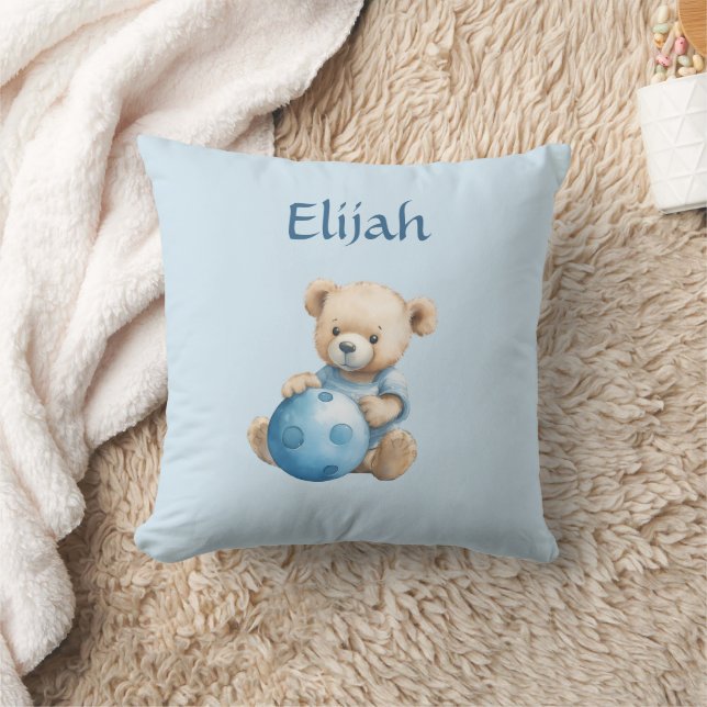 Cute Teddy Bear with Blue Ball Throw Pillow (Blanket)