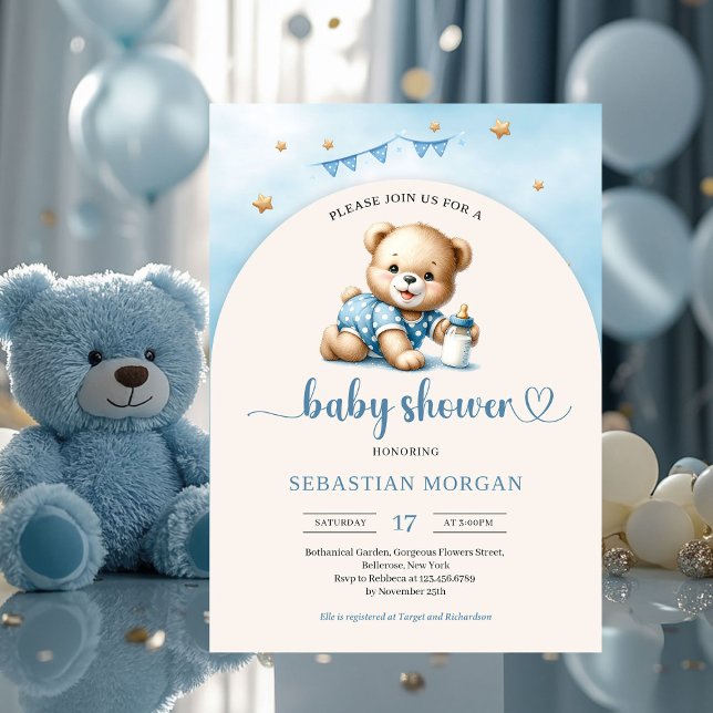 Cute teddy bear with bottle arched boy invitation (cute playful baby bear boy baby shower invitation digital)