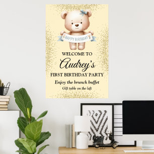 Cute Teddy Bear with Brithday Banner Poster