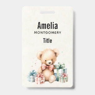 Cute Teddy Bear with Christmas Presents Badge