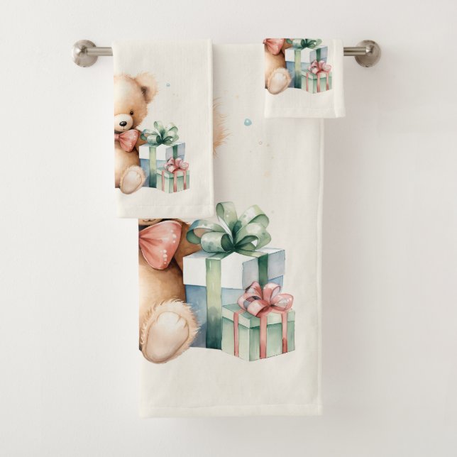 Cute Teddy Bear with Christmas Presents Bath Towel Set (Insitu)
