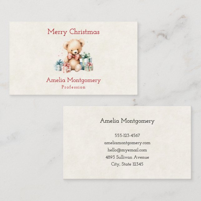 Cute Teddy Bear with Christmas Presents Business Card (Front/Back)