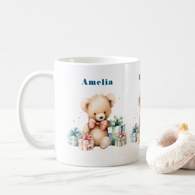 Cute Teddy Bear with Christmas Presents Coffee Mug (With Donut)
