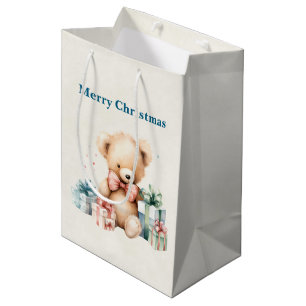 Cute Teddy Bear with Christmas Presents Medium Gift Bag