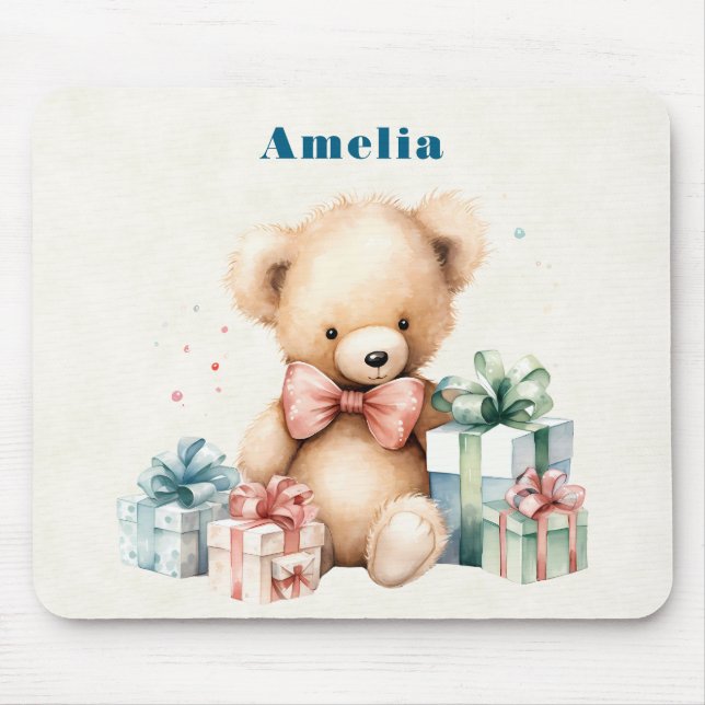 Cute Teddy Bear with Christmas Presents Mouse Pad (Front)