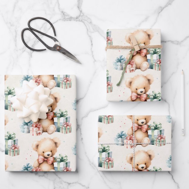 Cute Teddy Bear with Christmas Presents Pattern Wrapping Paper Sheet (Front)