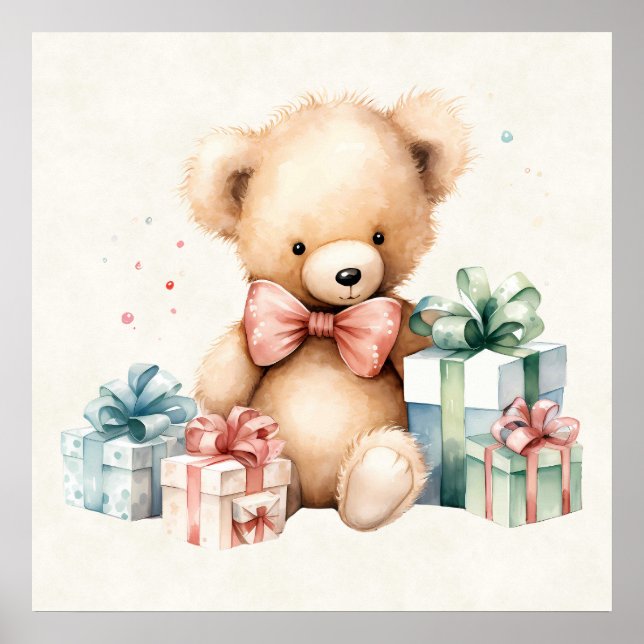 Cute Teddy Bear with Christmas Presents Poster (Front)