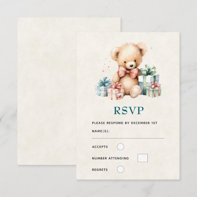 Cute Teddy Bear with Christmas Presents RSVP Card (Front/Back)