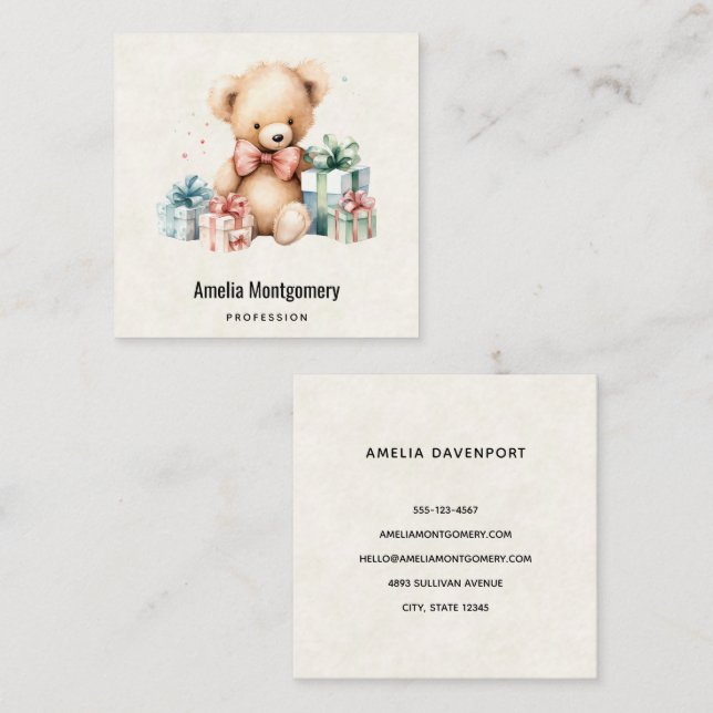 Cute Teddy Bear with Christmas Presents Square Business Card (Front/Back)