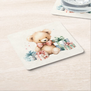 Cute Teddy Bear with Christmas Presents Square Paper Coaster