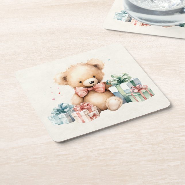Cute Teddy Bear with Christmas Presents Square Paper Coaster (Angled)
