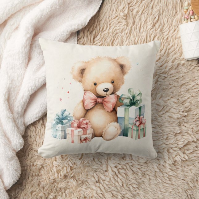 Cute Teddy Bear with Christmas Presents Throw Pillow (Blanket)