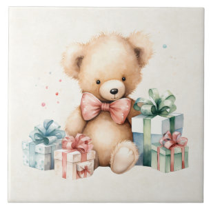 Cute Teddy Bear with Christmas Presents Tile
