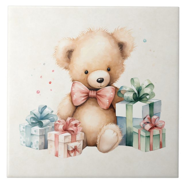 Cute Teddy Bear with Christmas Presents Tile (Front)