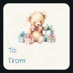 Cute Teddy Bear with Christmas Presents To & From Square Sticker<br><div class="desc">Christmas stickers with a cute illustration featuring a Victorian style teddy bear. Wearing a fancy red bow. Drawn in a a cute old fashioned vintage style. Red and blue pastel Christmas presents surround this warm-hearted bear.</div>