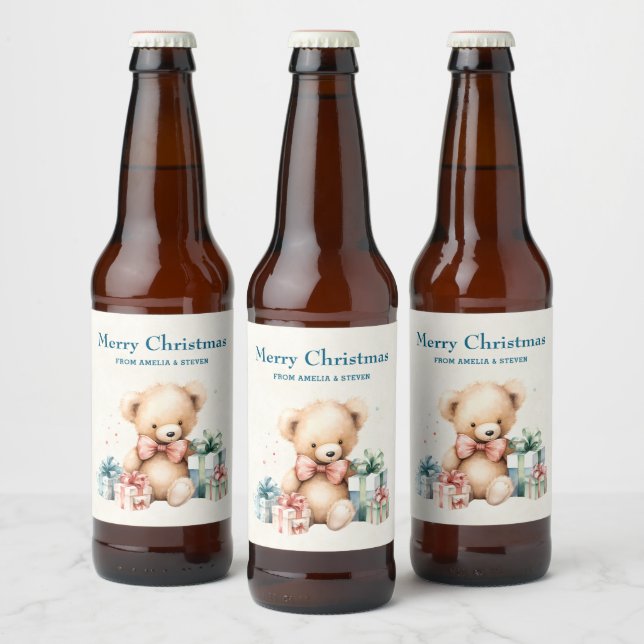 Cute Teddy Bear with Gifts Merry Christmas Beer Bottle Label (Bottles)