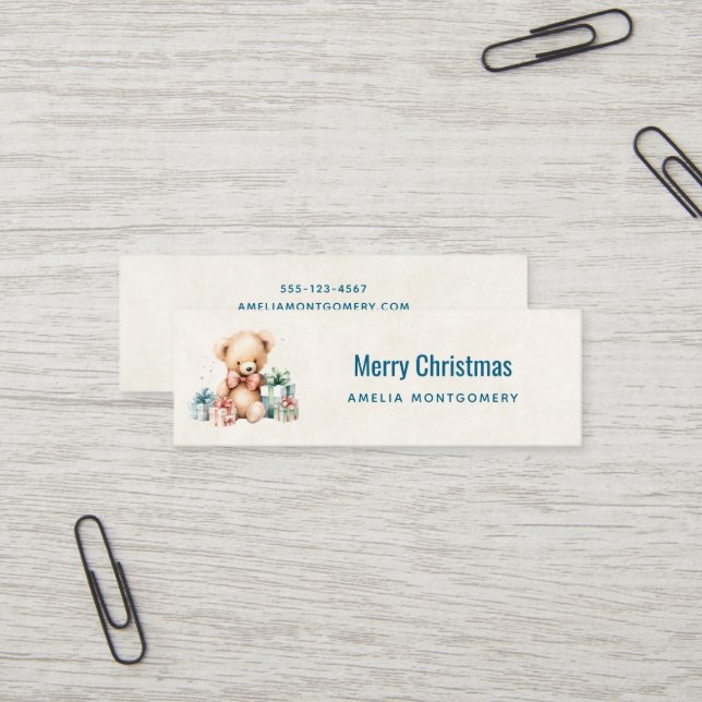 Cute Teddy Bear with Gifts Merry Christmas Mini Business Card (Front/Back In Situ)