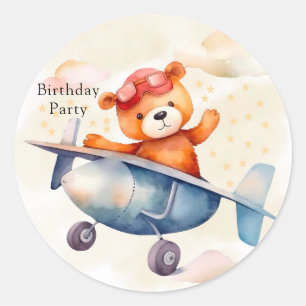 Cute Teddy Bear With His Airplane Birthday Party Classic Round Sticker