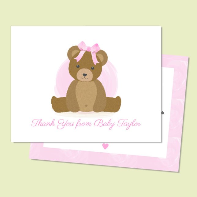 Cute Teddy Bear with Pink Bow Baby Girl Shower Thank You Card (Creator Uploaded)