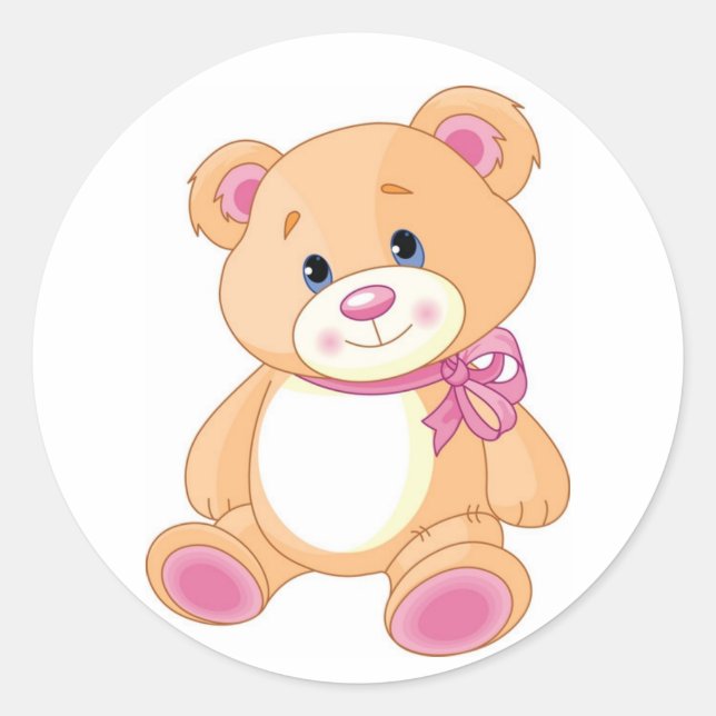 Cute Teddy Bear with Pink Ribbon Classic Round Sticker (Front)