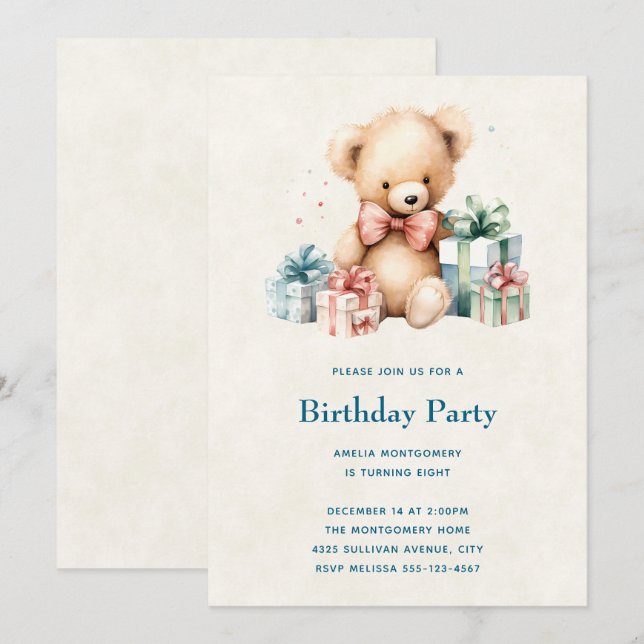 Cute Teddy Bear with Presents Birthday Invitation (Front/Back)