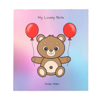 Cute Teddy Bear with Red Balloons Cartoon Notepad