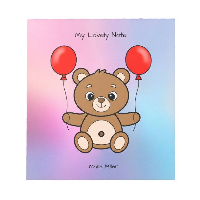 Cute Teddy Bear with Red Balloons Cartoon Notepad (Front)
