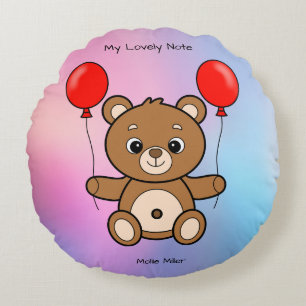 Cute Teddy Bear with Red Balloons Cartoon Round Pillow