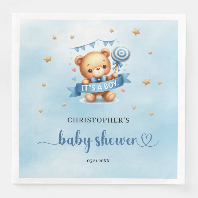 Cute teddy bear with ribbon it's a boy baby shower napkin (Front)
